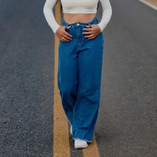 高腰闊腿牛仔褲